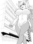  anthro big_breasts breasts canine digital_media_(artwork) fangs featureless_breasts female fluffy fur hair inner_ear_fluff long_hair macro mammal monochrome multicolored_fur navel nude nzuuure open_mouth outside smile solo standing tongue two_tone_fur 