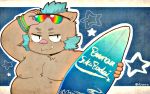  2018 anthro belly boar eyewear fykmrm gouryou hi_res male mammal mohawk moobs navel nipples overweight overweight_male porcine solo sunglasses surfboard tokyo_afterschool_summoners tusks 
