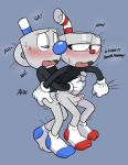  anal anal_penetration animate_inanimate balls blue_background bottomless brother brothers clothed clothed_sex clothing cum cum_on_penis cuphead_(character) cuphead_(game) dialogue duo english_text erection eyes_closed from_behind_position glans gloves grey_penis grey_skin half-closed_eyes humanoid humanoid_on_humanoid humanoid_penis incest legwear lying male male/male male_penetrating moan mugman not_furry object_head on_side open_mouth penetration penis sex sibling simple_background socks text toxic-boner video_games 