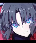  bangs blue_eyes eyebrows_visible_through_hair face forehead glowing glowing_eyes grey_hair hair_between_eyes jacket kara_no_kyoukai letterboxed long_hair multicolored multicolored_eyes parted_bangs purple_eyes purple_shirt red_jacket ryougi_shiki shirt solo v-shaped_eyebrows wada_kazu 