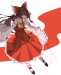  absurdres ascot brown_hair closed_eyes detached_sleeves from_above gohei hair_tubes hakurei_reimu highres iron_(2486886134) japanese_clothes long_hair miko touhou very_long_hair white_background 