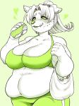  &lt;3 anthro bag big_breasts bra breasts canine cleavage clothed clothing digital_media_(artwork) doughnut eating fangs female fluffy food fur green_eyes hair long_hair mammal monochrome navel nzuuure overweight pants simple_background smile solo sweat tongue underwear white_fur 