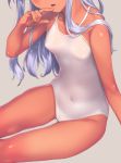  bare_arms bare_shoulders blush breasts cameltoe commentary_request covered_navel facing_viewer grey_background h_kasei head_out_of_frame long_hair one-piece_swimsuit original parted_lips purple_hair simple_background sitting small_breasts solo swimsuit white_swimsuit 