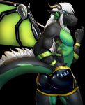  2018 abs anthro azael_dragonfang azaeldragon black_scales butt clothing digital_media_(artwork) dragon green_eyes green_scales hair horn kalidragon male membranous_wings nipples rubber scales scalie simple_background smile solo white_hair wings 
