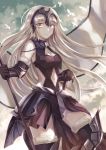  ahoge animal armor armored_dress bangs banner bird black_armor black_dress black_gloves black_legwear breasts chain cleavage dress elbow_gloves eyebrows_visible_through_hair fate/grand_order fate_(series) floating_hair fur-trimmed_gloves fur-trimmed_legwear fur_trim gloves grin headpiece holding jeanne_d'arc_(alter)_(fate) jeanne_d'arc_(fate)_(all) long_hair looking_at_viewer medium_breasts miyakure navel navel_cutout orange_eyes silver_hair smile solo straight_hair thighhighs very_long_hair white_skin 