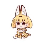 :&lt; animal_ears batta_(ijigen_debris) blonde_hair blush bow bowtie brown_eyes chibi commentary elbow_gloves gloves kemono_friends looking_at_viewer orange_skirt serval_(kemono_friends) serval_ears serval_print serval_tail short_hair simple_background sitting skirt solo tail white_background 
