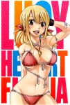  arm_behind_back arm_strap arm_up bandaid_on_arm bare_shoulders bikini blonde_hair breasts brown_eyes character_name cleavage contrapposto criss-cross_halter fairy_tail halter_top halterneck hand_behind_head highres jewelry large_breasts long_hair lucy_heartfilia mashima_hiro navel necklace non-web_source official_art open_mouth red_bikini solo swimsuit twintails upper_teeth wristband 