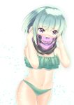  arms_up bandana bandana_over_mouth bangs bare_arms bare_shoulders bikini black_bandana blush commentary_request covered_mouth cowboy_shot eyebrows_visible_through_hair gradient gradient_background green_background green_bikini green_hair hair_between_eyes head_tilt highres looking_at_viewer navel nose_blush original purple_eyes sagaradai shiny shiny_hair skull_print solo swimsuit white_background 