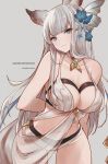  animal_ears arm_behind_back bangs bare_shoulders blue_eyes blunt_bangs blush breasts choker cleavage closed_mouth collarbone commentary cowboy_shot dated erune eyebrows_visible_through_hair granblue_fantasy grey_background hair_ornament head_tilt jewelry korwa large_breasts light_smile long_hair looking_at_viewer mimelond navel sidelocks silver_hair simple_background smile solo stomach thighs twitter_username 