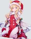  1girl azur_lane blonde_hair blush boots commentary detached_sleeves elbow_gloves eyebrows_visible_through_hair gloves grey_background hair_ears hair_tubes hand_on_own_thigh hat highres kneeling long_hair looking_at_viewer mittens purple_eyes santa_boots santa_costume santa_hat scarf sidelocks simple_background smile smirk solo warspite_(azur_lane) yaekn 