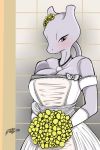  2018 anthro big_breasts bouquet breasts clothed clothing dress female flower jewelry legendary_pok&eacute;mon mewtwo necklace nintendo plant pok&eacute;mon pok&eacute;mon_(species) purple_eyes signature smile solo somewhatsketchy video_games wedding_dress 