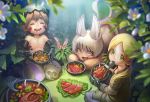  1girl 1other :3 animal_ears blonde_hair blush bowl brown_eyes brown_hair closed_eyes furry green_eyes holding holding_bowl isakhaya long_hair looking_away made_in_abyss multiple_girls nanachi_(made_in_abyss) open_mouth regu_(made_in_abyss) riko_(made_in_abyss) short_hair smile spoon twintails white_hair 
