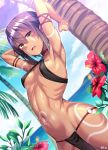  arm_garter armpits artist_name blue_sky blush breasts cloud dark_skin day dosu_(doseven) facial_tattoo flower highres looking_at_viewer medium_breasts navel o-ring o-ring_top ocean open_mouth original palm_tree purple_hair short_hair sky solo stomach_tattoo swimsuit tattoo tree wet yellow_eyes 