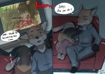  2016 anthro barefoot black_nose canine chang52084 clothed clothing disney duo english_text female fox fully_clothed inside judy_hopps lagomorph male mammal nick_wilde rabbit sitting text zootopia 