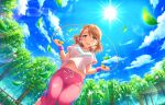  artist_request blue_sky breasts brown_hair bush cloud collarbone day eyebrows_visible_through_hair from_below green_eyes idolmaster idolmaster_cinderella_girls idolmaster_cinderella_girls_starlight_stage jewelry jump_rope jumping lamppost leaf long_hair looking_at_viewer midriff navel necklace official_art open_mouth outdoors pants park pink_pants sky smile solo sunlight sweatdrop sweatpants tree w_arms wristband yanagi_kiyora 