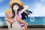  1boy 1girl armpits bangs black_hair blonde_hair blue_eyes blunt_bangs breasts carrying cloud dress eyewear_on_shirt glasses glasses_on_shirt grin happy hat hime_cut horizon hyuuga_hinata large_breasts lavender_eyes lens_flare long_hair looking_at_another looking_at_viewer naruto naruto_(series) no_pupils outdoors piggyback psyclopathe sea shirt short_hair sky sleeveless sleeveless_dress smile sun sun_hat sunglasses uzumaki_naruto whisker_markings 