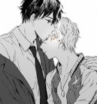  2boys blush cigarette clothed clothes collared_shirt dark_hair earrings hug jacket jewelry light_hair male male_focus monochrome multiple_boys necklace original piercing school_uniform shirt smoke smoking tagme tie uniform yaoi 