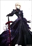  armor armored_dress artoria_pendragon_(all) black_armor black_dress black_gloves blonde_hair closed_mouth dark_excalibur dress fate/stay_night fate_(series) feet_out_of_frame gloves kei-suwabe looking_at_viewer saber_alter short_hair simple_background solo sword twitter_username weapon white_background yellow_eyes 