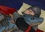  armor bed black_sclera clothed clothing cuddling dragon duo embrace eyes_closed feral helmet horn human knight lying male mammal on_bed pillow red_eyes scalie unknown_artist 
