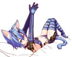  animal_ears arched_soles bikini blue_bikini blue_eyes blue_gloves blue_hair blue_legwear braid cat_ears cat_tail elbow_gloves flat_chest full_body gloves groin hair_between_eyes heterochromia horns io_(pso2) looking_at_viewer lying navel nyanmaru_(ememing) on_back orange_eyes parted_lips phantasy_star phantasy_star_online_2 shiny shiny_clothes shiny_skin short_hair side_braid simple_background solo striped striped_legwear swimsuit tail thighhighs white_background 