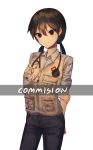  arms_behind_back brown_eyes brown_hair character_request commentary_request commission copyright_request denim doctor english highres jeans korean_commentary pants shirt solo stethoscope twintails vest white_background xanax025 
