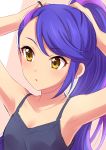  aikatsu!_(series) aikatsu_stars! bangs blue_hair breasts camisole eyebrows_visible_through_hair hair_tie hands_up highres kisaragi_tsubasa light_blush parted_lips ponytail purple_hair sekina small_breasts solo tying_hair upper_body yellow_eyes 