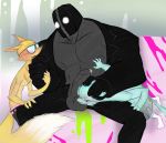  abstract_background anthro balls canine clothed clothing dyna_mink eyewear fox glasses gloves goldie_foxx group head_grab human human_on_anthro interspecies legwear male male/male mammal mask mustelid penis precum rolz sitting socks studio_killers topless 