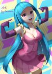  :d absurdres artist_name bangs blue_hair blunt_bangs blurry blurry_background breasts cleavage collarbone commentary dress elbow_gloves english_commentary gloves hands_up highres long_hair looking_at_viewer me!me!me! medium_breasts meme_(me!me!me!) open_mouth pink_dress pointing pointing_at_self purple_eyes purple_gloves sasoura smile solo teeth very_long_hair 