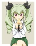  anchovy bangs black_bow black_neckwear black_ribbon blouse bow closed_mouth drill_hair eating eyebrows_visible_through_hair food girls_und_panzer green_hair green_skirt grey_background hair_between_eyes hair_bow hair_ribbon holding holding_food long_hair long_sleeves looking_at_viewer ma-2_(konkon_kitakitsune) miniskirt neckerchief ooarai_school_uniform outside_border pizza pleated_skirt red_eyes ribbon school_uniform serafuku shirt sitting skirt smile solo twin_drills twintails white_blouse white_shirt 