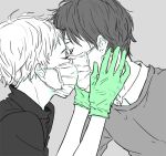  2boys clothes collared_shirt dark_hair face_mask gloves kiss light_hair male male_focus mask multiple_boys shirt tagme yaoi 