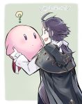  ? blush brown_hair cape crossover cyrus_(octopath_traveler) gloves jewelry kirby kirby_(series) long_hair oboro_keisuke octopath_traveler open_mouth ponytail simple_background smile translation_request 