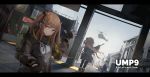  aircraft armband bag blue_hair blurry blurry_background brown_hair building_block character_name cityscape commentary fingerless_gloves girls_frontline gloves gun hair_ornament hairclip helicopter highres hk416_(girls_frontline) jacket long_hair looking_at_viewer looking_back miyabino_(miyabi1616) multiple_girls scar scar_across_eye smile submachine_gun ump45_(girls_frontline) ump9_(girls_frontline) waving weapon 