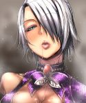  bakuya bare_shoulders blush bow breasts cleavage close-up commentary_request dress face gem green_eyes hair_over_one_eye high_collar highres isabella_valentine large_breasts looking_at_viewer parted_lips purple_bow purple_dress saliva saliva_trail short_hair silver_hair soulcalibur sweat white_eyelashes white_hair 