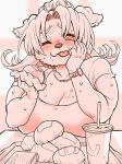  &lt;3 &lt;3_eyes anthro beverage big_breasts breasts burger canine cleavage clothed clothing digital_media_(artwork) dog eating female fluffy food hair jewelry long_hair looking_at_viewer mammal monochrome necklace nzuuure one_eye_closed smile sweat tongue tongue_out watch wink 