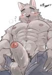  2017 abs anthro balls black_nose blush canine chang52084 claws clothed clothing eyebrows foreskin male mammal muscular muscular_male nipples pecs penis solo tongue tongue_out topless uncut 