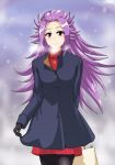  absurdres bag black_gloves blush breasts coat commentary_request contemporary gloves highres jun'you_(kantai_collection) kantai_collection long_hair looking_at_viewer magatama_necklace purple_eyes purple_hair sangyou_haikibutsu_a smile solo spiked_hair sweater winter_clothes winter_coat 