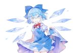  bangs blue_bow blue_dress blue_eyes blue_hair blush bow bowtie cirno commentary_request cowboy_shot dress grin hair_between_eyes hair_bow ice ice_wings looking_at_viewer nuudoru pinafore_dress puffy_short_sleeves puffy_sleeves red_bow red_neckwear shirt short_hair short_sleeves simple_background skirt_hold smile solo standing touhou white_background white_shirt wings 