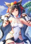  animal_ears bit_(keikou_syrup) black_hair blue_sky breasts cleavage closed_mouth cloud commentary_request covered_navel day erune eyebrows_visible_through_hair eyewear_on_head granblue_fantasy hair_ribbon highres ilsa_(granblue_fantasy) long_hair looking_at_viewer medium_breasts one-piece_swimsuit outdoors ponytail red_eyes red_ribbon ribbon sky smile solo sunglasses swimsuit white_swimsuit 