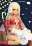  altera_(fate) altera_the_santa bangs bare_legs bare_shoulders breasts choker christmas cleavage closed_mouth collarbone dark_skin detached_sleeves dylannn earmuffs fate/grand_order fate_(series) feet_out_of_frame full_body_tattoo gloves headdress highres looking_at_viewer midriff no_panties photon_ray pout red_eyes sheep short_hair small_breasts solo stomach_tattoo tan tattoo thighs 