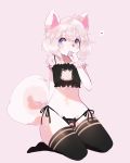  &lt;3 anthro black_clothing blue_eyes bottomwear bulge canine clothed clothing crossdressing cute dog fluffy fredek666 fur g-string girly hair hand_behind_back hand_on_mouth hi_res legwear long_hair male mammal pink_fur pomeranian pomeraninu solo stockings topwear underwear 