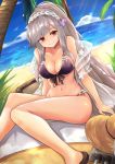  alternate_costume arm_support azur_lane bangs beach beach_mat bikini blue_sky blush braid breasts choker cleavage collarbone commentary_request crown_braid day dunkerque_(azur_lane) eyebrows_visible_through_hair grey_hair groin hair_ornament hairband hat hat_removed headwear_removed highres large_breasts long_hair looking_at_viewer navel ocean outdoors palm_tree pink_eyes ponytail purple_bikini ryara_vivi sand sandals shawl sidelocks sitting sky solo stomach sun_hat swimsuit thighs tree 