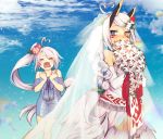  ahoge alternate_hairstyle azur_lane bare_shoulders blue_eyes blush bouquet braid bridal_veil closed_eyes commentary covering_mouth crying dress elbow_gloves facial_mark flower gloves hair_flower hair_ornament headgear heart_ahoge heterochromia highres indianapolis_(azur_lane) lavender_hair long_braid long_hair long_ponytail multiple_girls nmz_(namazu) open_mouth portland_(azur_lane) side_ponytail silver_hair tears veil wavy_mouth wedding wedding_dress white_gloves yellow_eyes 