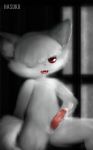  anthro canine cum cum_on_penis cute_fangs drooling fangs fur hasukii hi_res looking_at_viewer male mammal one_eye_closed open_mouth penis red_eyes rei_ivashkin saliva solo white_fur window 