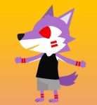  2017 3_toes 5_fingers ambiguous_gender anthro barefoot black_nose canine chang52084 clothed clothing facial_markings fully_clothed fur gradient_background mammal markings night_in_the_woods open_mouth purple_fur red_eyes shorts simple_background smile solo standing tattoo toes 