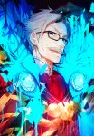  black-framed_eyewear blue_background blue_eyes colorful commentary_request facial_hair fate/grand_order fate_(series) glasses grey_hair highres jacket james_moriarty_(fate/grand_order) looking_at_viewer male_focus mika_pikazo mustache old_man red_jacket sharp_teeth smile solo teeth upper_body 