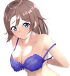  blue_eyes bonfurai bra breasts brown_hair cleavage collarbone eyebrows_visible_through_hair hair_between_eyes large_breasts long_hair looking_at_viewer love_live! love_live!_sunshine!! off_shoulder purple_bra shiny shiny_hair simple_background smile solo underwear upper_body watanabe_you white_background 