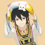  1boy animal black_hair brown_eyes cat clothes grin hat jewelry looking_at_viewer male_focus necklace none sengoku_musou sengoku_musou_3 short_hair smile takenaka_hanbei teeth 