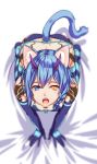  animal_ears bikini blue_bikini blue_eyes blue_gloves blue_hair braid breasts cat_ears cat_tail cleavage elbow_gloves from_above front-tie_bikini front-tie_top gloves heterochromia horns io_(pso2) looking_at_viewer looking_up neon_trim nyanmaru_(ememing) open_mouth phantasy_star phantasy_star_online_2 short_hair side_braid small_breasts solo swimsuit tail white_background yellow_eyes 