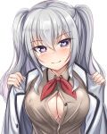  blue_eyes blush breasts brown_shirt cleavage closed_mouth commentary_request covered_nipples eyebrows_visible_through_hair hair_between_eyes heart heart-shaped_pupils highres jacket kageira kantai_collection kashima_(kantai_collection) large_breasts long_hair looking_at_viewer neck_ribbon no_bra open_clothes red_neckwear ribbon shirt silver_hair simple_background smile solo symbol-shaped_pupils twintails white_background white_jacket 