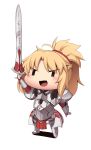  :d armor blonde_hair blush boa_(brianoa) breastplate chibi fang fate/apocrypha fate_(series) full_body gauntlets gorget greaves hand_up highres holding holding_sword holding_weapon mordred_(fate) mordred_(fate)_(all) open_mouth pauldrons pelvic_curtain ponytail smile solo sword transparent_background weapon ||_|| 
